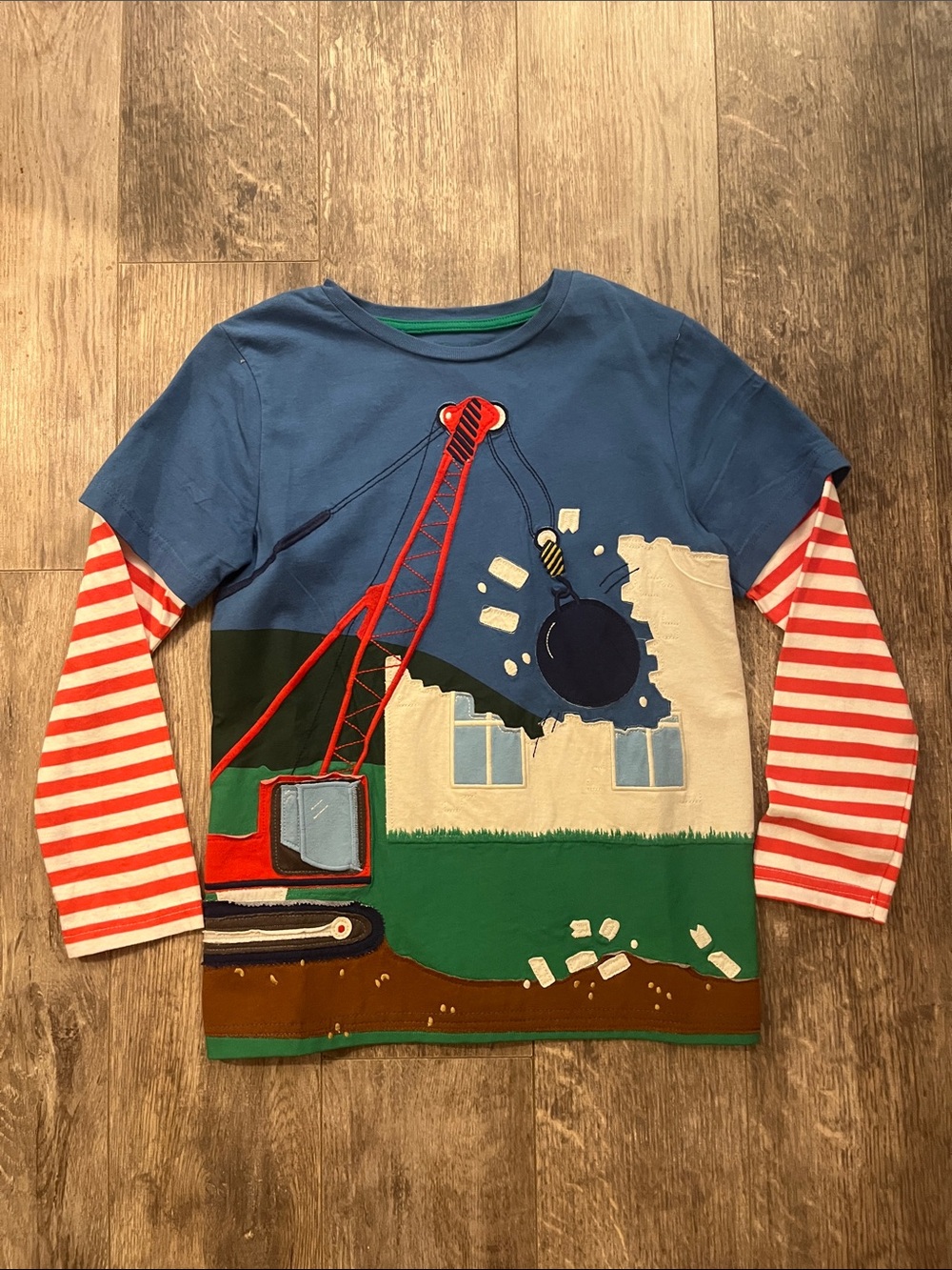 Mini Boden Blue Wrecking Ball Layered-Look Long Sleeve Red Stripes Size 7/8
